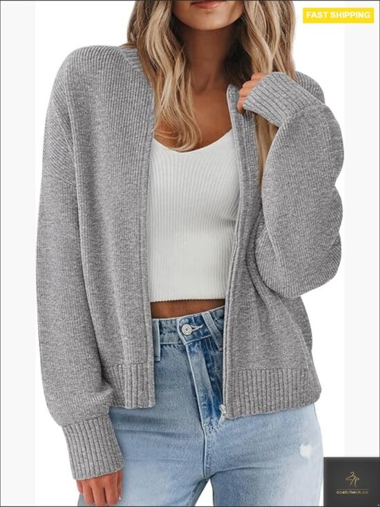 Sweaters - Chunky Cardigan Sweater Open Front Zipper Long Sleeve Ribbed Knit Short Jacket